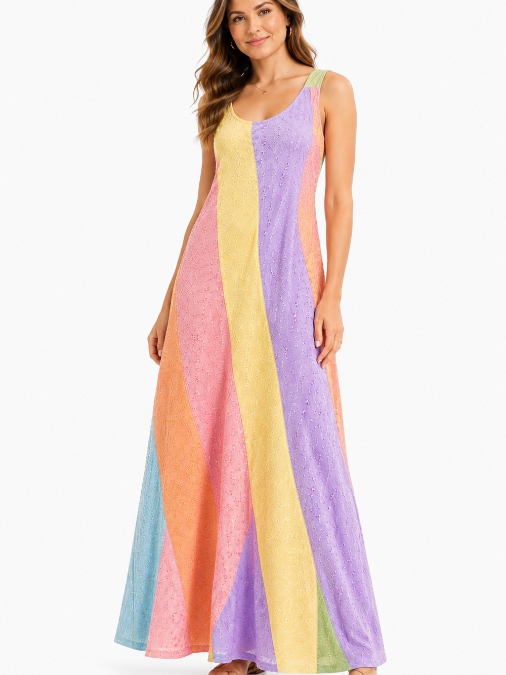 Sacred Threads Pastel Multi-Stripe Patchwork Eyelet Embroidery Maxi Dress L